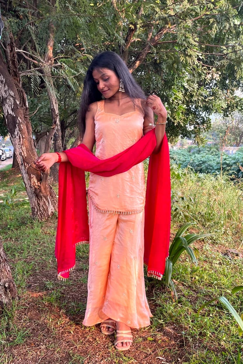 Sajra - tissue organza kurta set in peachy tones with a pink dupatta