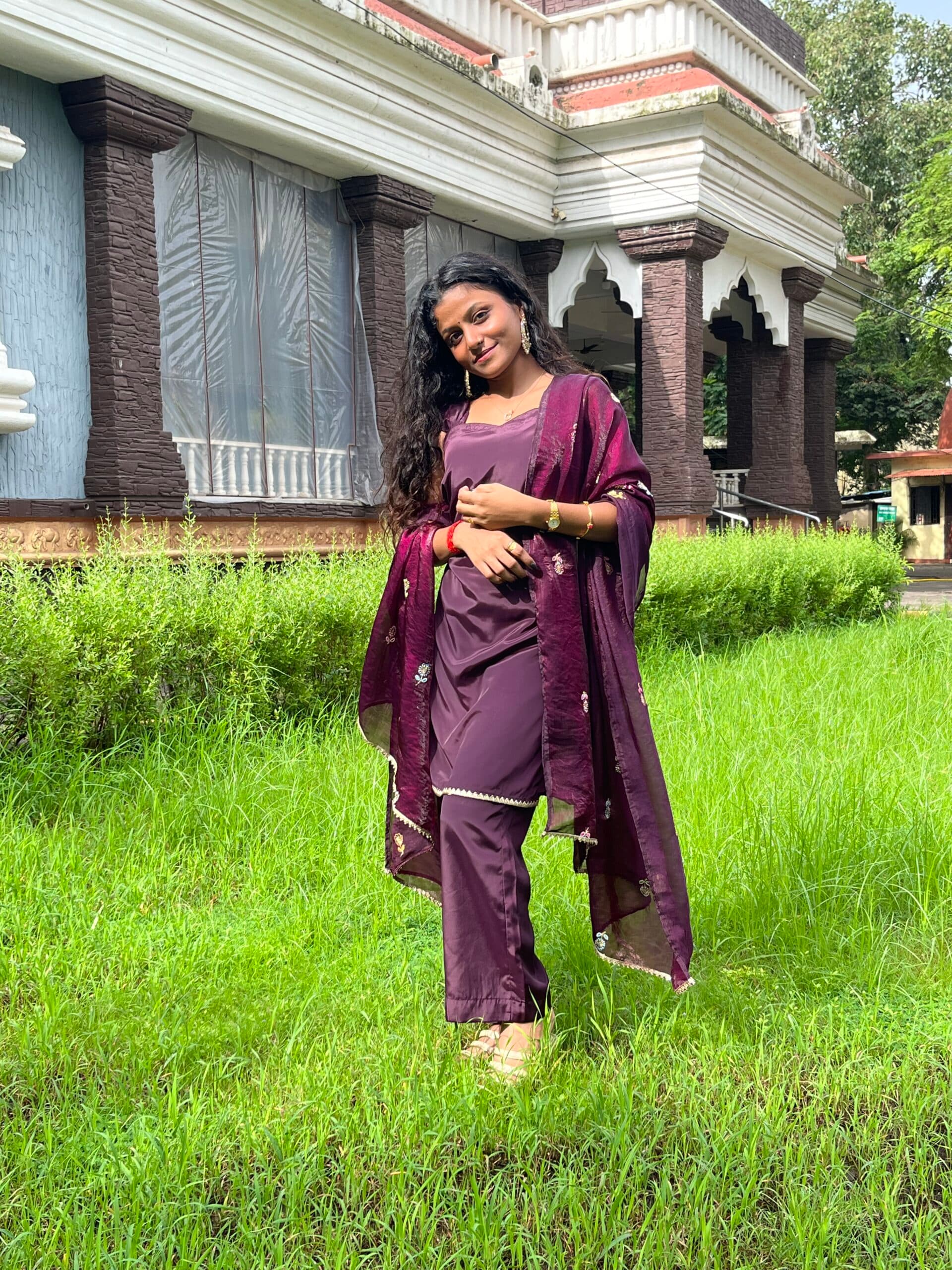 Rui - Wine Silk blend straight kurta palazzo with dupatta