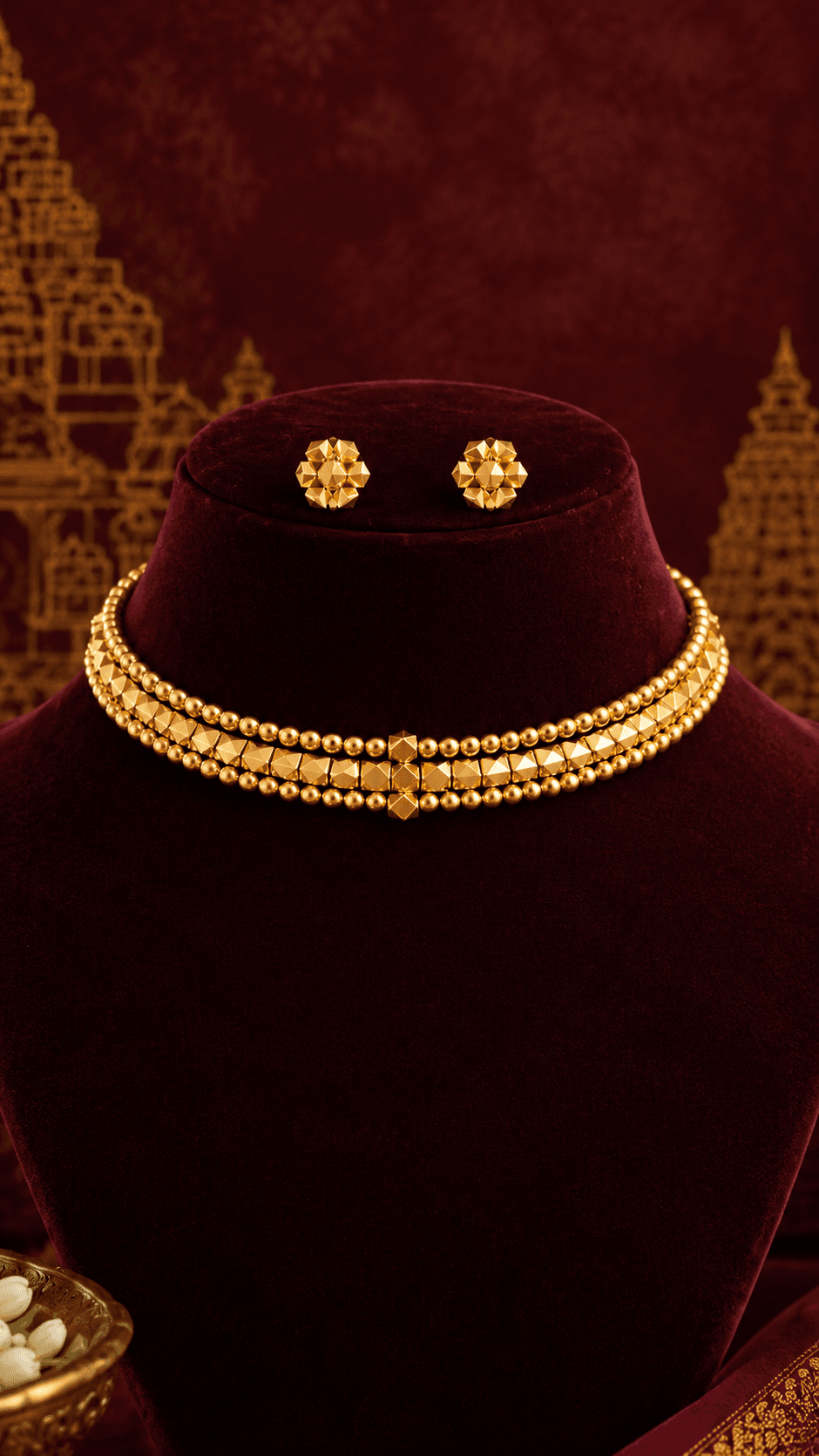 Traditional Gold Ashtapailu Choker Necklace Set with Matching Earrings