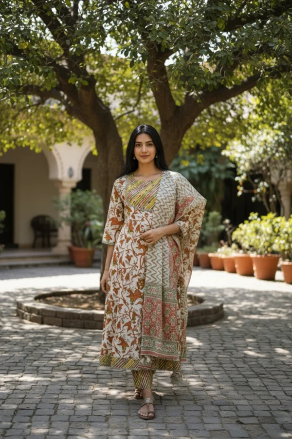 floral printed & embroidered flared anarkali kurta with pant & pure cotton dupatta