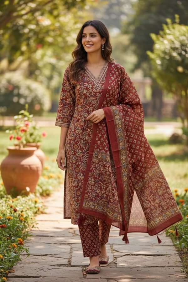 floral printed & embroidered straight kurta with pant & pure cotton dupatta