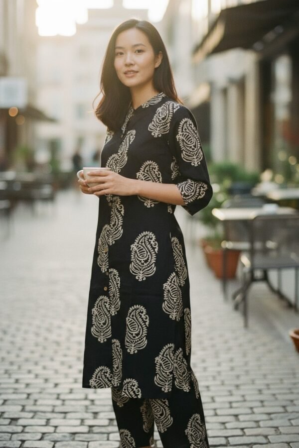black paisely design cotton a line kurti with pant