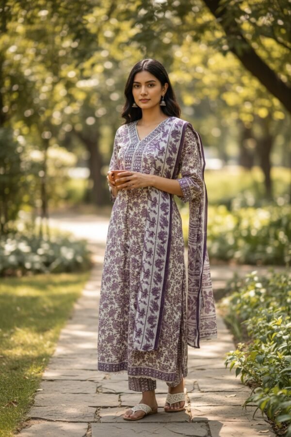 embroidered flared anarkali kurta with pant & pure cotton dupatta