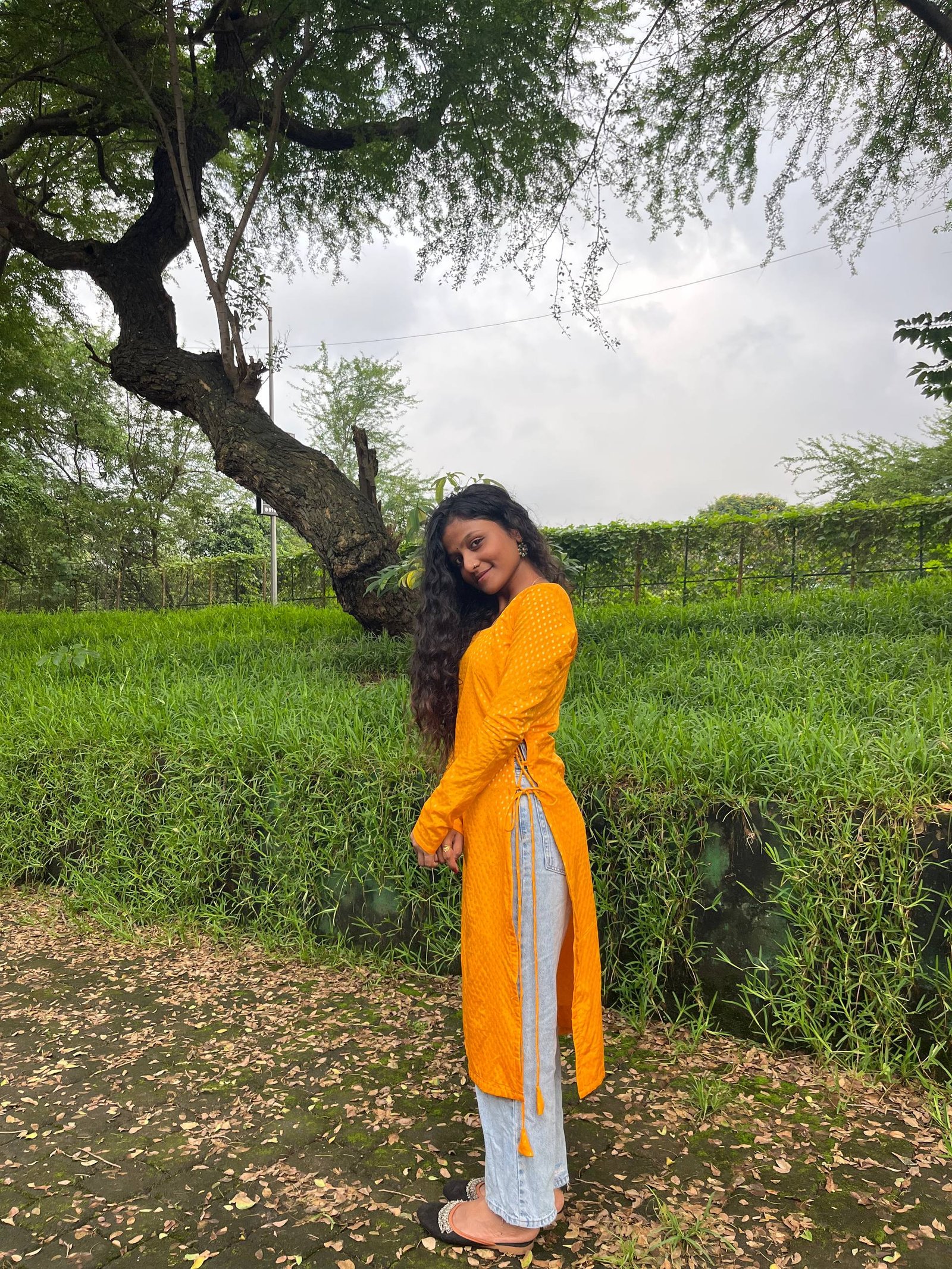 yellow slit cut kurti
